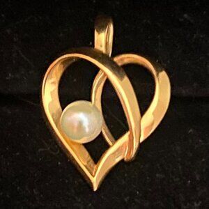 Solid 14K P Yellow Gold and White Pearl Accent Heart Pendant/Enhancer